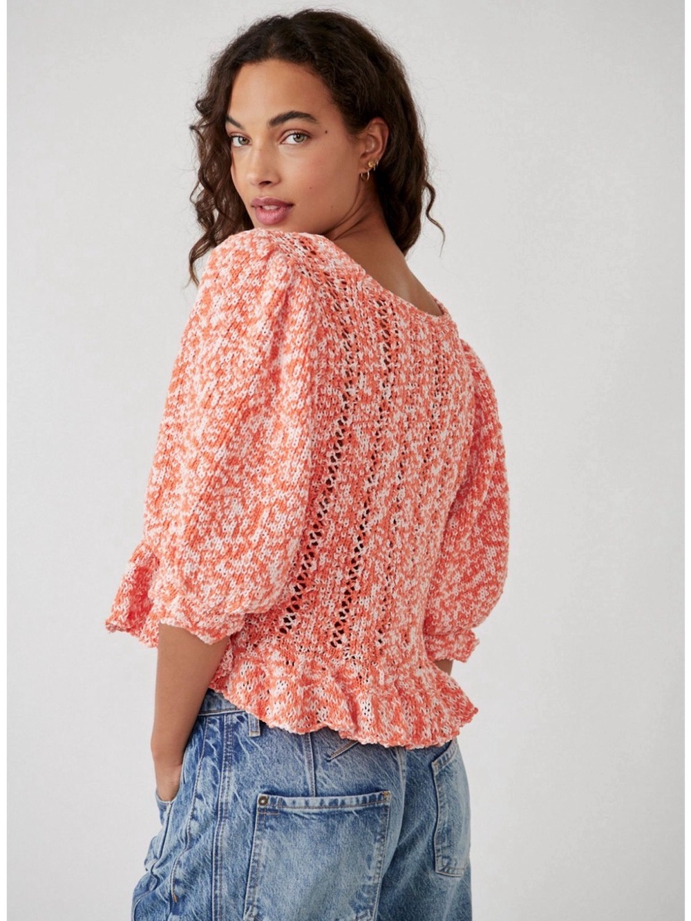 FREE PEOPLE 3/4 Length Sleeve Cardigan Sweater orange/cream-XS - Picture 3 of 13